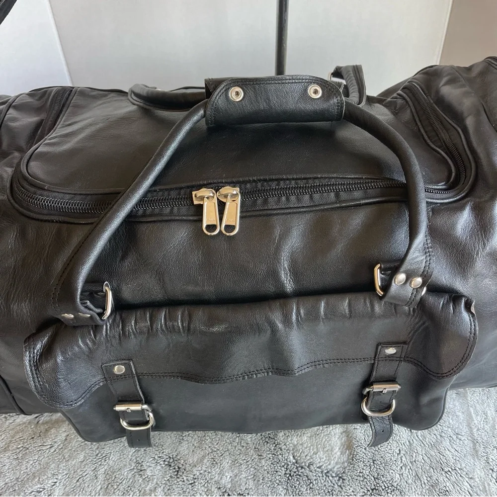 Black Leather Weekender Duffel Bag - Unbranded